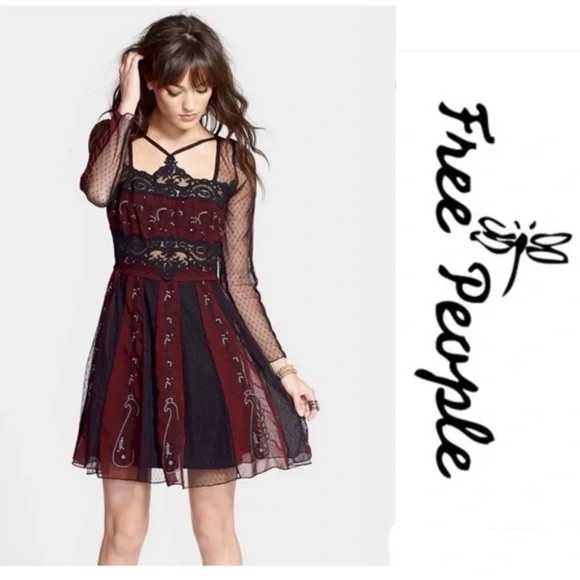 NWOT Free People Tough Love Goth Fit & Flare Dress in Black and Burgundy - Picture 3 of 14